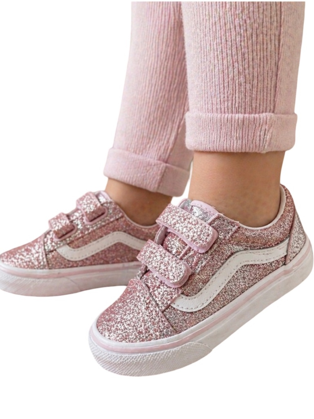 Vans Old Skool Glitter Sneakers Rose Gold Pink Toddler Size 4 EUC Velcro